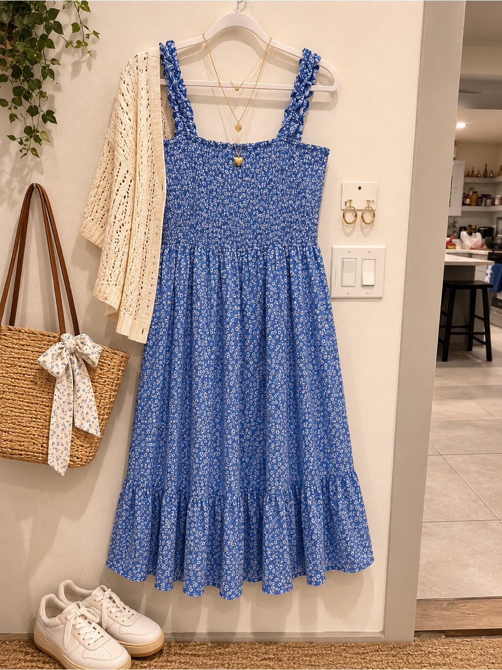 Smocked Square-Neck Midi Dress in Blue Floral